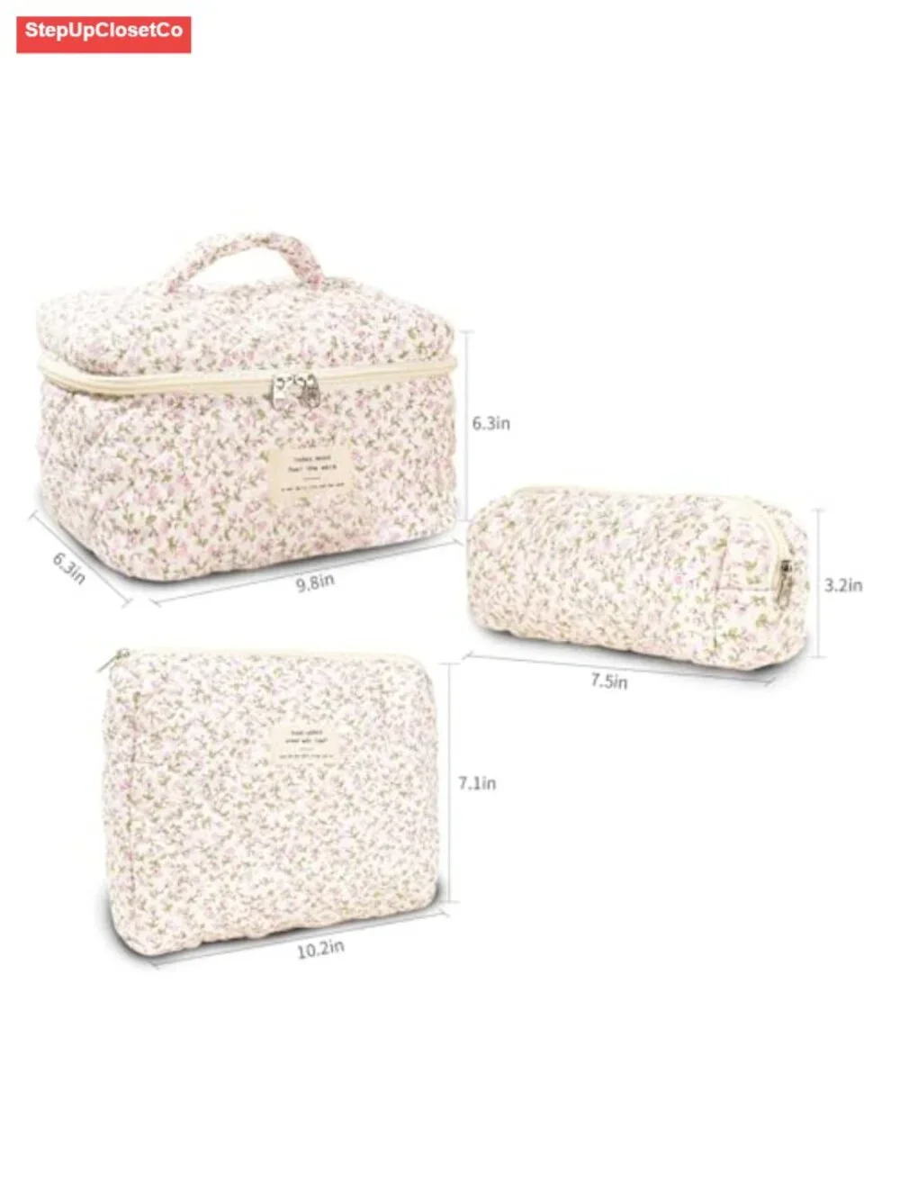 Quilted Cotton Makeup Bag Set, 3 Piece Travel Cosmetic Organizer Pouch, Nylon